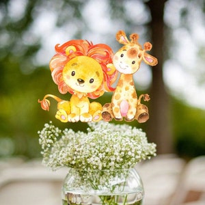Twins Watercolor Baby Lion and Giraffe Centerpiece Picks/ Baby Shower Elephant Party READY IN 48 HOURS / Twin Centerpieces