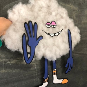 May include: A white fluffy cloud with a blue smiling face, blue arms, and orange and white socks. The cloud has pink eyelids and white teeth.