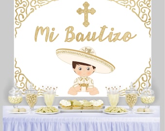 Gold Charro Baptism Backdrop / PRINTED Arrives in 6 Days / Mi Bautizo / Party Backdrop Sign / 7x5 ft PRINTED / Thin Vinyl / Ships TODAY