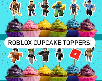May include: A set of 12 colorful cupcake toppers featuring various Roblox characters. The toppers are printed on cardstock and attached to wooden sticks. The characters include a police officer, a soldier, a builder, and more.  Roblox Cupcake Toppers!
