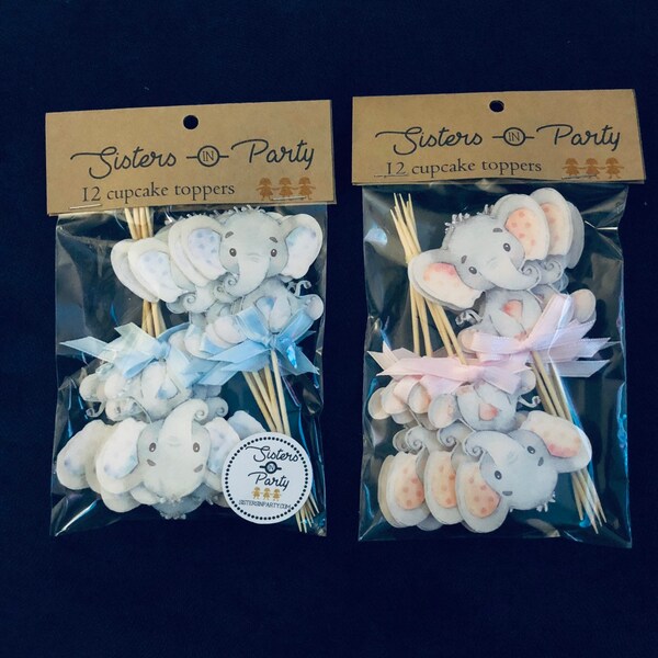 Baby Girl Elephant Watercolor cupcake toppers / Baby Elephant food picks / Baby Shower Elephant Party READY IN 48 HOURS