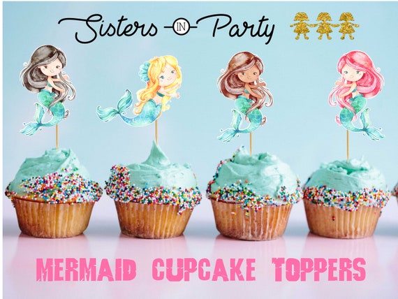Mermaid Watercolor Cupcake Toppers Mermaid Food Picks Etsy - roblox cupcake toppers made from premium cardstock paper