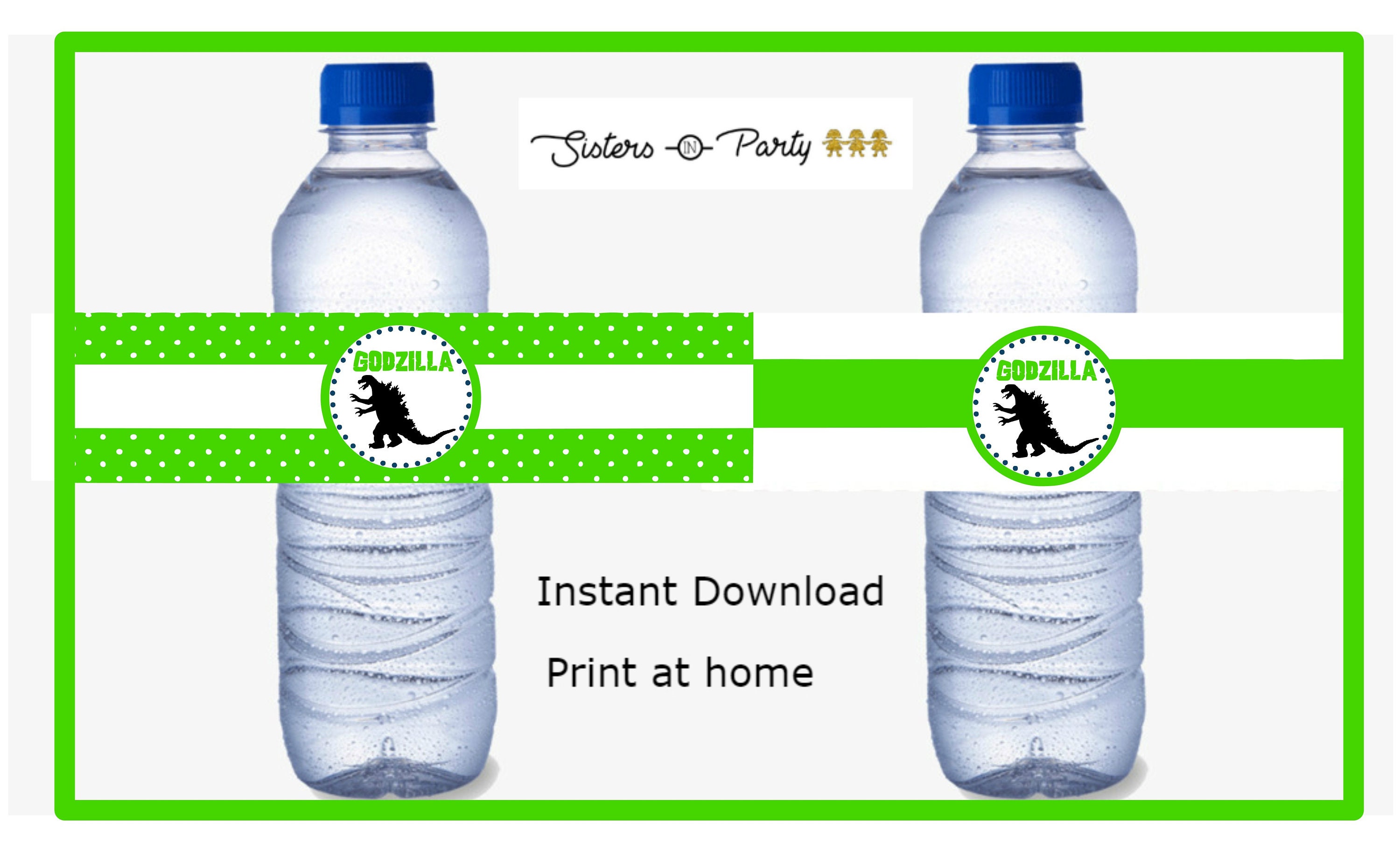 GREEN - Godzilla printable water bottle labels PDF / DIY Godzilla Water Labels / Dinosaur Water Labels / Digital File / Avery 22845