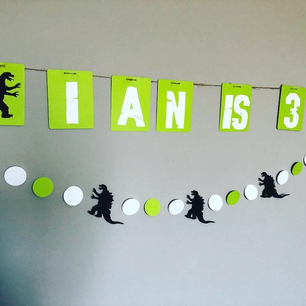 Godzilla Party Package -  Banner & Garland  - Any color - Custom Wording