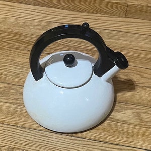 White Enamel Teapot with Black Handle/Spout