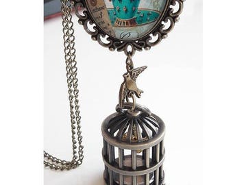 Necklace birdcage watch dial and cabochon