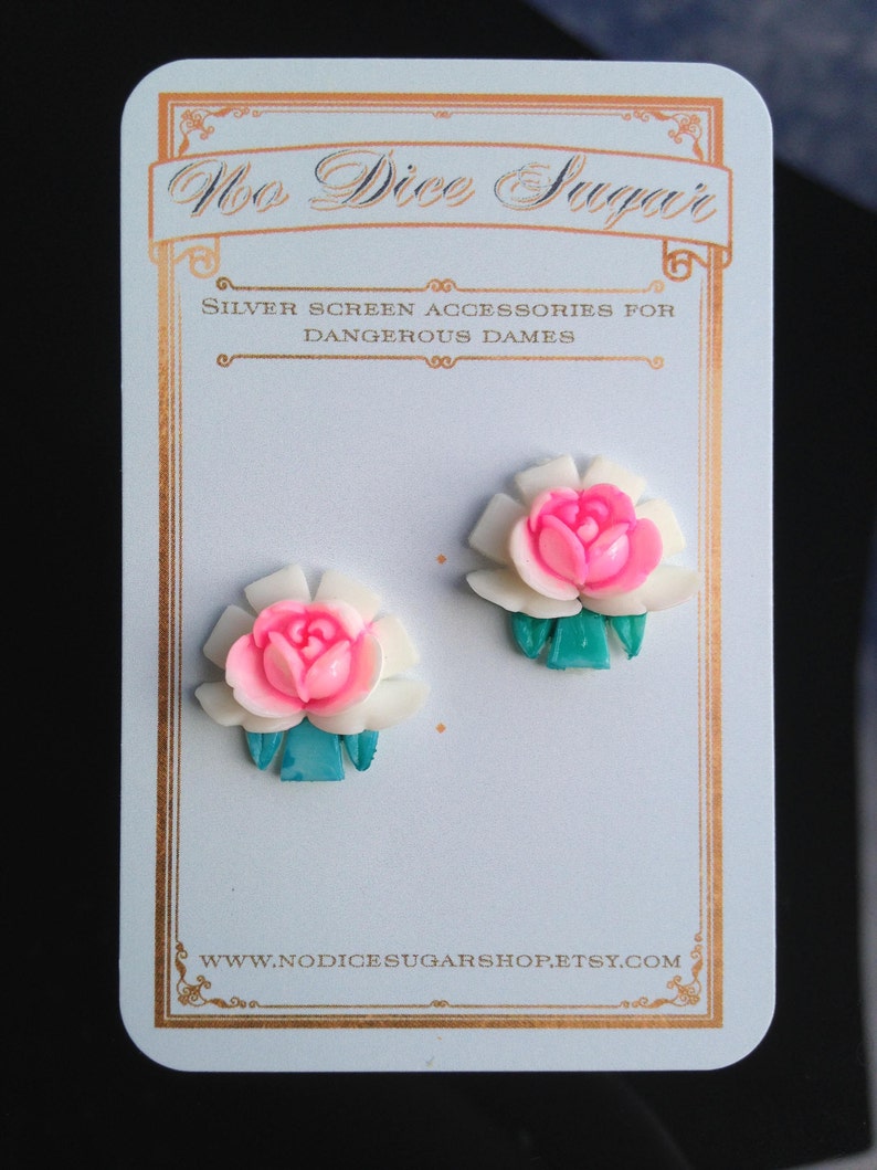 Celluloid rose silver plated stud earrings Available in two sizes