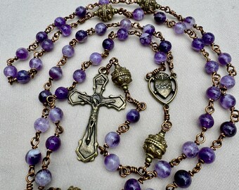 Amethyst Rosary Sacred Heart Purple and Bronze Unbreakable Sturdy February Birthstone Rosary RCIA Catechumen Sponsor Godparent Gift