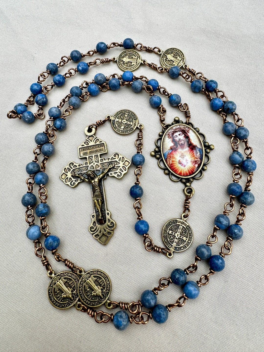 Sacred Heart of Jesus Rosary Unbreakable Wire Wrapped Blue Bead Five ...