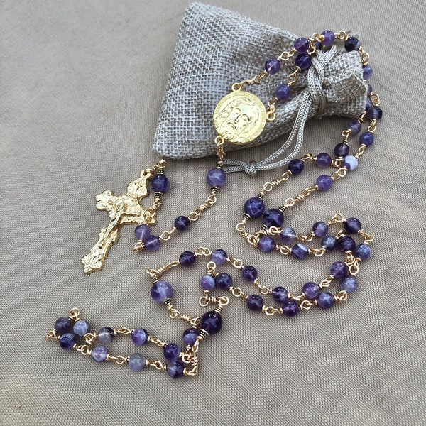 Chapelet incassable en améthyste violette véritable, sainte face de Jésus, chapelet fait main violet et or RCIA, cadeau pour marraine