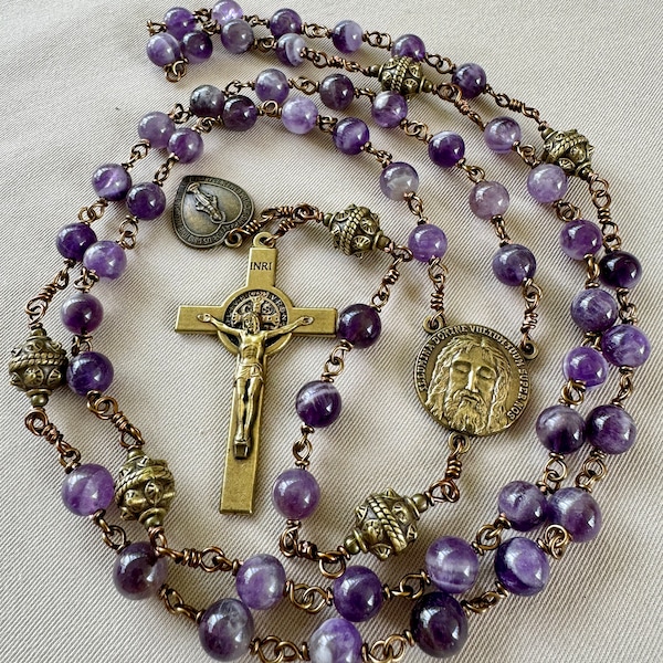 Amethyst Gemstone Shroud of Turin Holy Face of Jesus Rosary Wire Wrap Sturdy Unbreakable Purple Rosary RCIA Catechumen Joining the Church