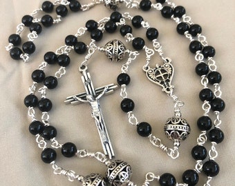 Black Onyx Unbreakable Rosary Wire Wrap Sturdy Roman Catholic RCIA Catechumen Sponsor Godparent Giftable Five Decade Rosary With Pouch