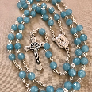 Blue Rosary; Something Blue Catholic Wedding Rosary; Quartz Stone Beads Rosary Boy’s Baptism Boy’s Confirmation Rosary; Holy Family