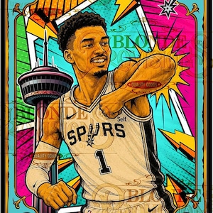 May include: A vibrant illustration of a basketball player in a Spurs jersey, number 1, with the text "EL CODAZO". The artwork features a colorful background with lightning bolts and the Spurs logo. The image includes the text "QUALITY GOODS".