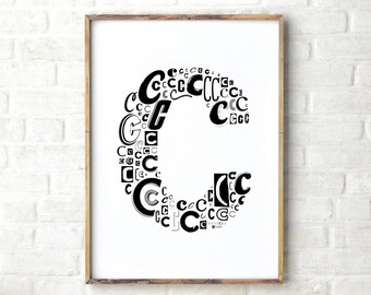 Letter C Print Printable, letter c poster, letter c wall decor, letter c nursery, black letter print, typography print, monogram c, c art