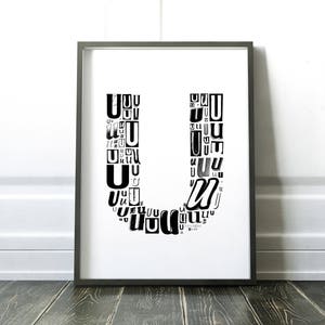 Typography print, letter u, modern wall decor, modern wall art, black and white prints, letter u print, typography print, typography print