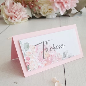 10x Tischkarte, Namenskarte, Namenskärtchen, Tischkarte mit Aquarellblüten, rosa