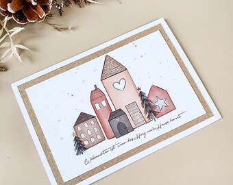 Christmas card, houses and fir trees, beige