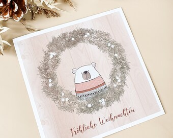 Christmas card, card bear with sweater, beige, natural tones