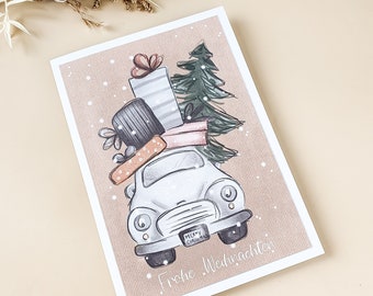 Weihnachtskarte, Weihnachtspost, handgezeichnet mit Auto und Tannenbaum, beige, Naturtöne