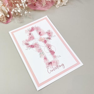 Einladungskarte zur Taufe oder Kommunion, Einladung mit Kreuz und Blumen, rosa, Serie Blumenkreuz