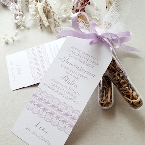 Guest gift, test tube with flower seeds, baptism guest gift, lilac, lace, tulle, communion guest gift, confirmation guest gift