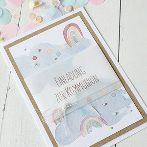 Einladungskarte, Kommunionseinladung, Einladung zur Konfirmation, Einladung mit Regenbogen, Kommunionseinladung mit Kraftpapier