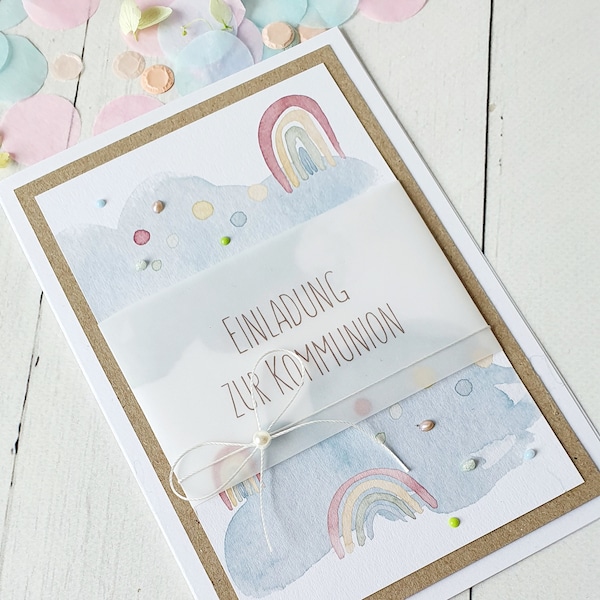 Invitation card, communion invitation, confirmation invitation, invitation with rainbow, communion invitation with kraft paper