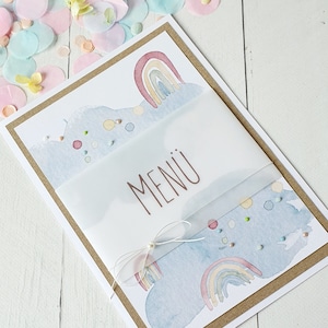 Menükarte, Speisekarte, Menükarte mit Regenbogen, Menü Taufe, Taufdeko, Regenbogen, Pastell