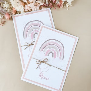 Menükarte, Speisekarte, Menükarte mit Regenbogen, Menü Taufe, Menükarte Kommunion, Taufdeko, Regenbogen, Pastell, rosa
