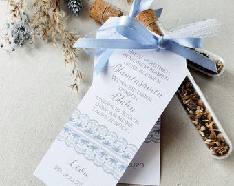 Guest gift, test tube with flower seeds, guest gift baptism, light blue, lace, tulle, guest gift communion, guest gift confirmation