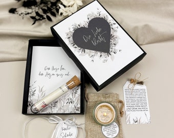 Trostbox -DIE LIEBE BLEIBT- Blumensamen, Teelicht, Karte und Reagenzglas, Kondolenzgeschenk zur Anteilnahme, personalisierbar