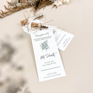 Andenken -VERGISSMEINNICHT- Blumensamen im Reagenzglas mit personalisiertem Anhänger für Trauerfeier, Beerdigung, blau