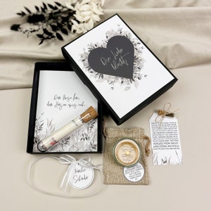 Consolation box -THE LOVE STAYS- flower seeds, tea light, card and test tube, condolence gift for sympathy, customizable