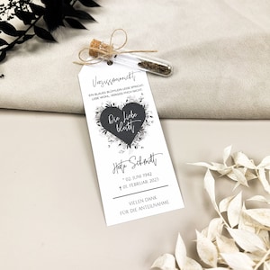 Trauerfeier Gastgeschenk -DIE LIEBE BLEIBT- Gastgeschenk für Beerdigung, Blumensamen im Reagenzglas mit personalisiertem Anhänger, Andenken