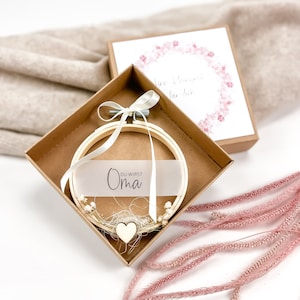 Announce pregnancy - embroidery frame with dried flowers in a kraft paper box, BLUMENKRANZ series