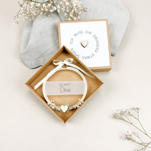 Announce pregnancy - embroidery frame with dried flowers in a kraft paper box, HOLZHERZ series