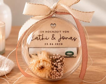 Wedding money gift – personalized wedding gift with names, wedding present, beautifully packaged money, wood and dried flowers