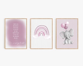 Poster Set Nursery, Poster with Rainbow, Elephant and Balloons, Saying Nursery, Picture Set Nursery