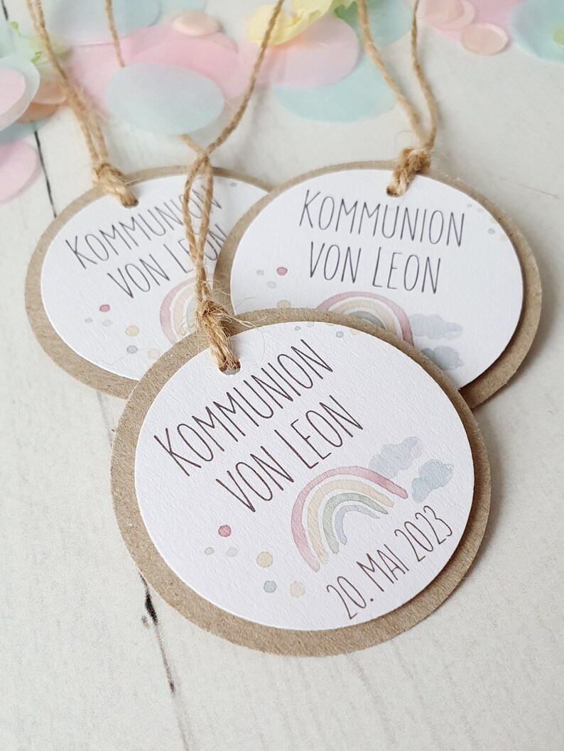 10x Geschenkanhänger, Anhänger personalisiert, Anhänger Gastgeschenk, Geschenkanhänger Taufe, Kommunion, Konfirmation, Regenbogen Bild 2