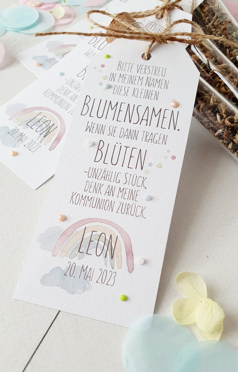 Gastgeschenk, Reagenzglas mit Blumensamen, Gastgeschenk Taufe, Gastgeschenk Kommunion, Konfirmation, Regenbogen, Juteband Bild 2