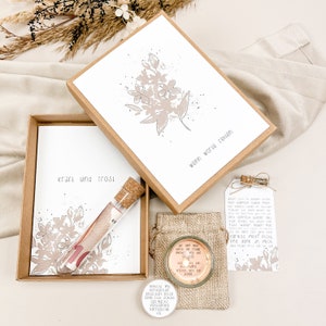Trostbox -VERGISSMEINNICHT BEIGE- Blumensamen, Teelicht, Karte und Reagenzglas, Geldgeschenk zur Anteilnahme, personalisierbar