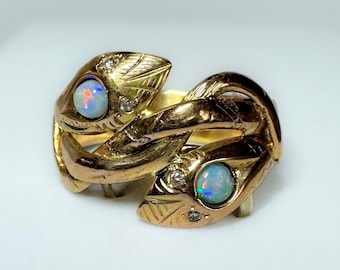 Victorian 14k Rose Gold Australian Opal Old Cut Diamond Eye Double Snake Ring 5g
