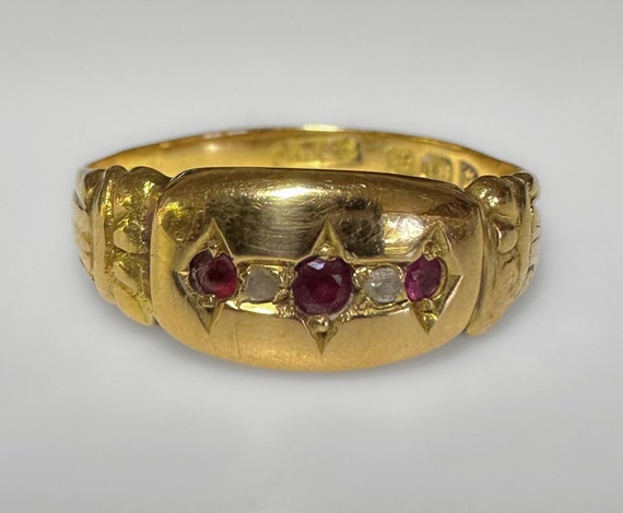 Edwardian 18k Rose Gold Ruby Diamond Wide band Ri… - image 1