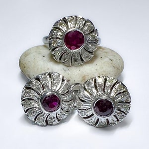 Antique Art Deco Palladium Natural 1.4 ctw Ruby Diamond Ring Earring Set 9.2g