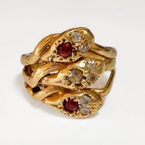Victorian 14k Old Cut Diamond and Natural Ruby Triple Snake Ring 6g