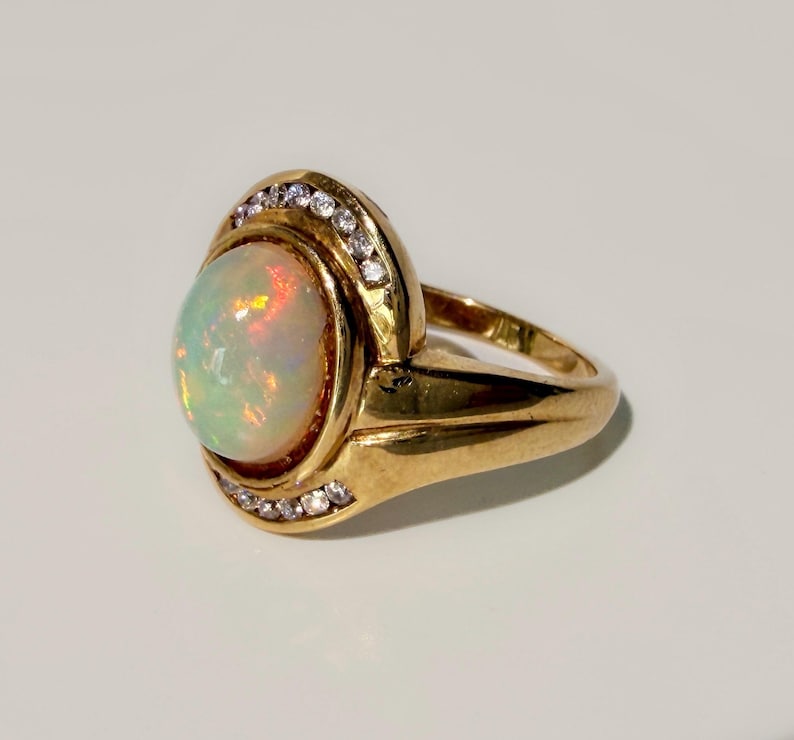 Modernist Vintage 14k Australian 2.75ct Jelly Opal Diamond Ring 6g image 5