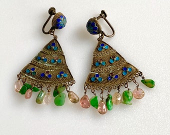 Antique Chinese Silver Jade Tourmaline and Enamel Earrings c1920