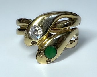 Victorian 14k Mine Cut Diamond Jade Double Snake Ring 2.8g