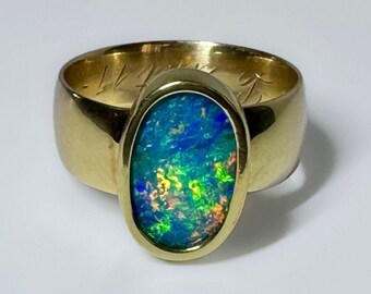 Superb Victorian 18k Rose Gold Fiery Australian 2ct Black Opal Ring 8.4g